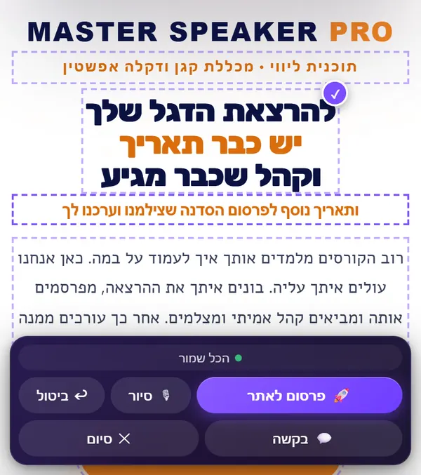 דף מאסטר ספיקר פרו במצב עריכה, עם מסגרות מקווקוות סביב הטקסטים וסרגל למטה